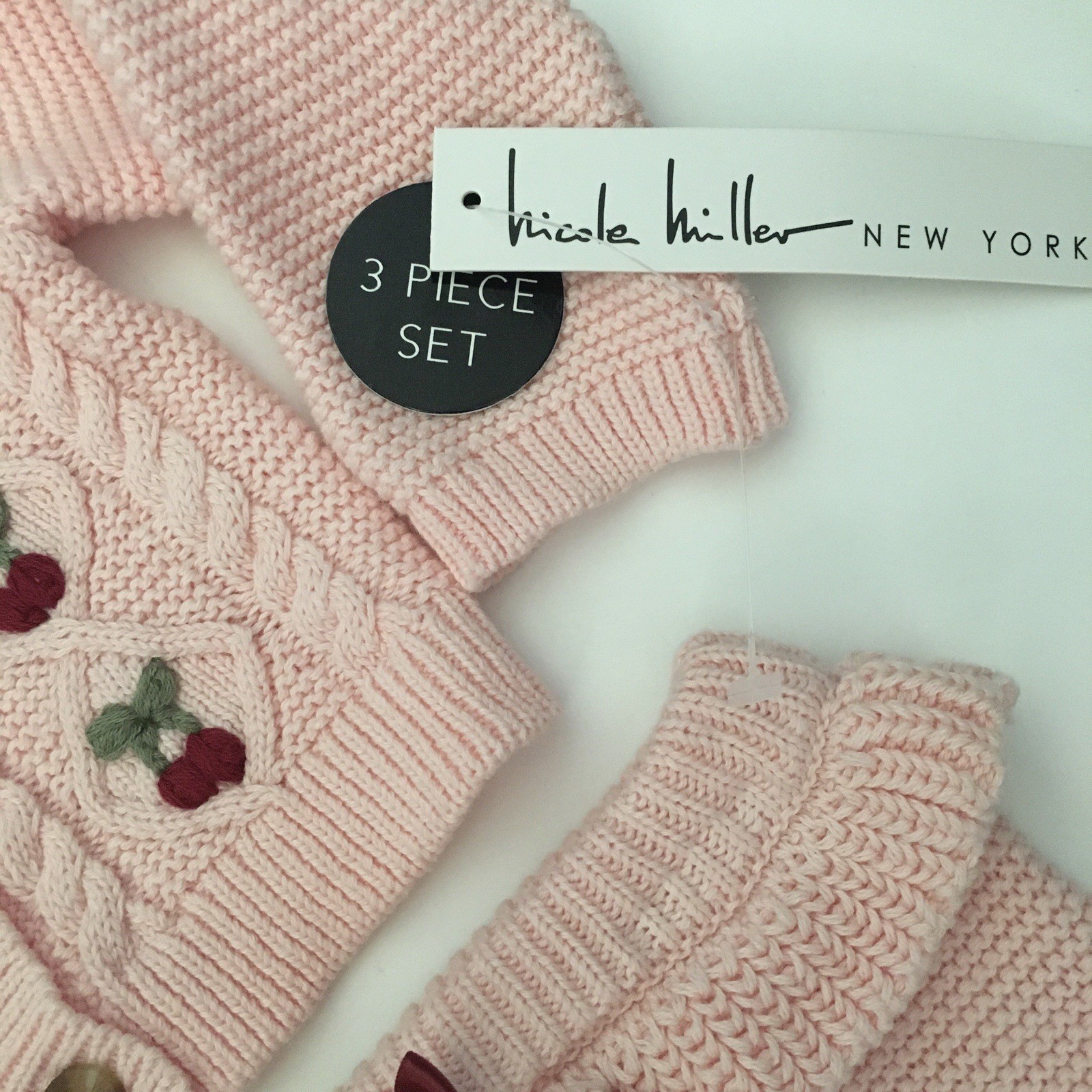 NEW Baby 6-9M Knit Cherry Sweater & Bloomers 3 pc Set Pink | Nicole Miller