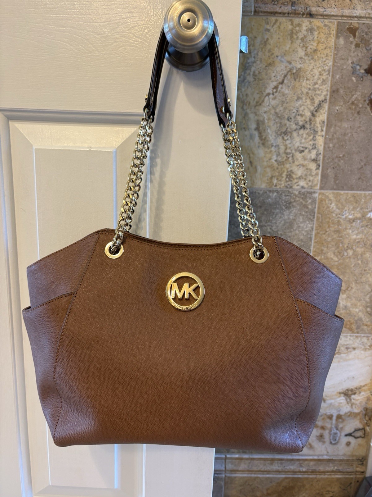 Michael Kors Brown Large Handbag Zip Closure Chain Shoulder Straps Gold Hardware