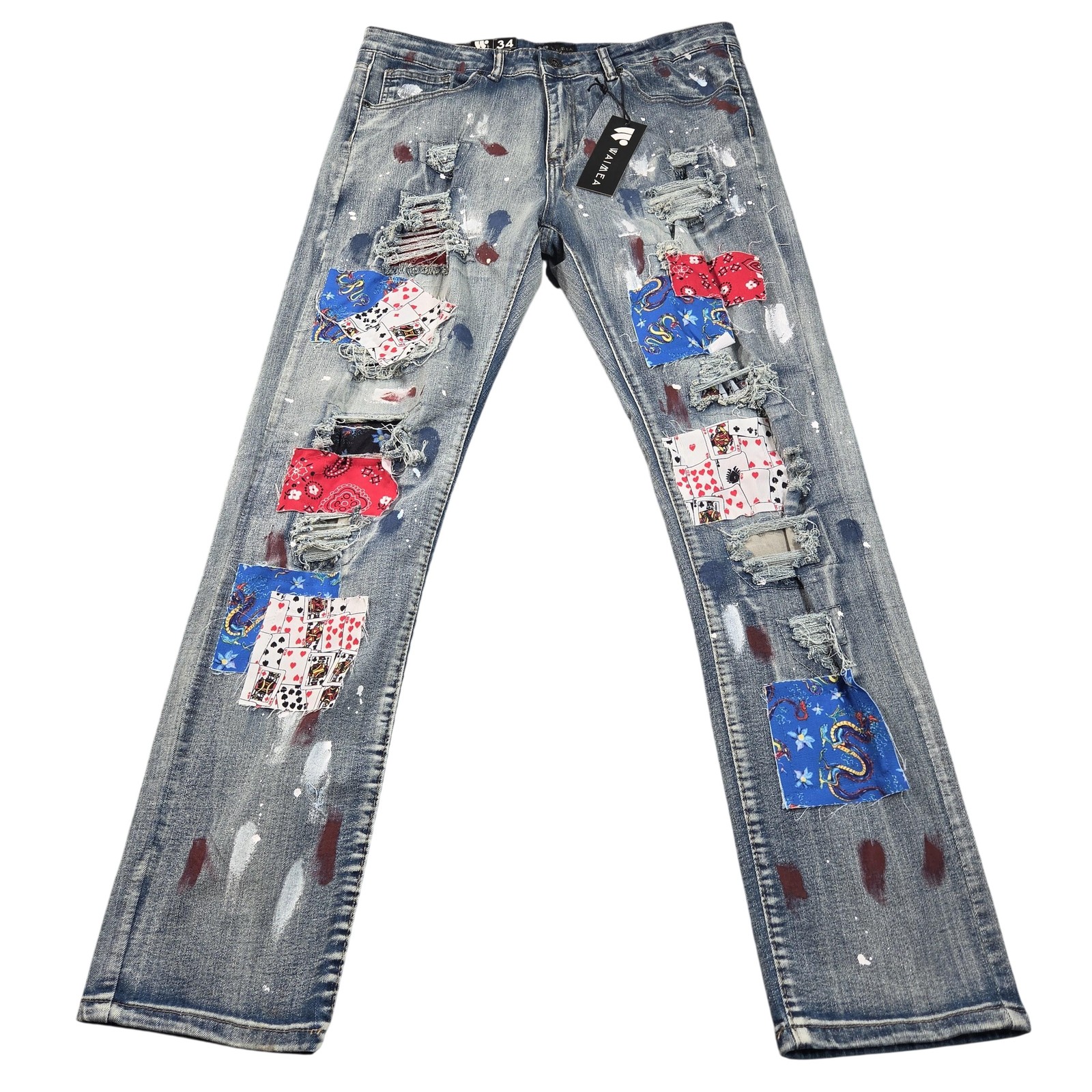 Waimea Skinny Fit Jeans Mens 34×31 (tag 34×32) Blue Distressed Patchwork Denim