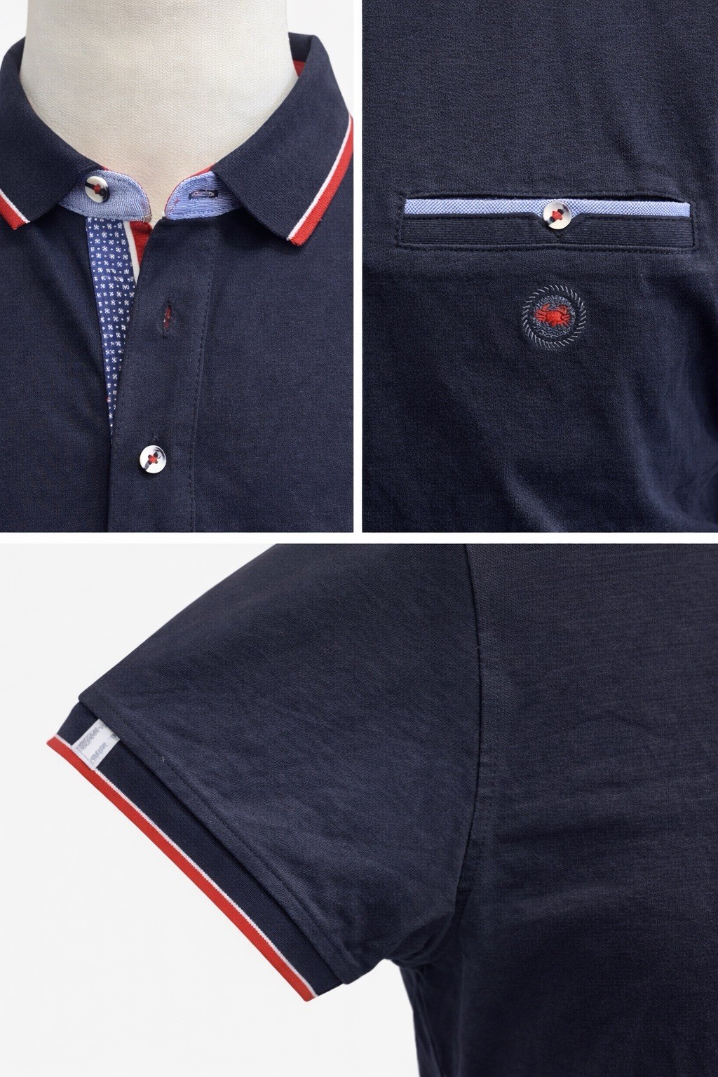 Mens Crab Half Sleeve Polo Shirt Solid Color Blue Anti-Styrum Fabric Pocket