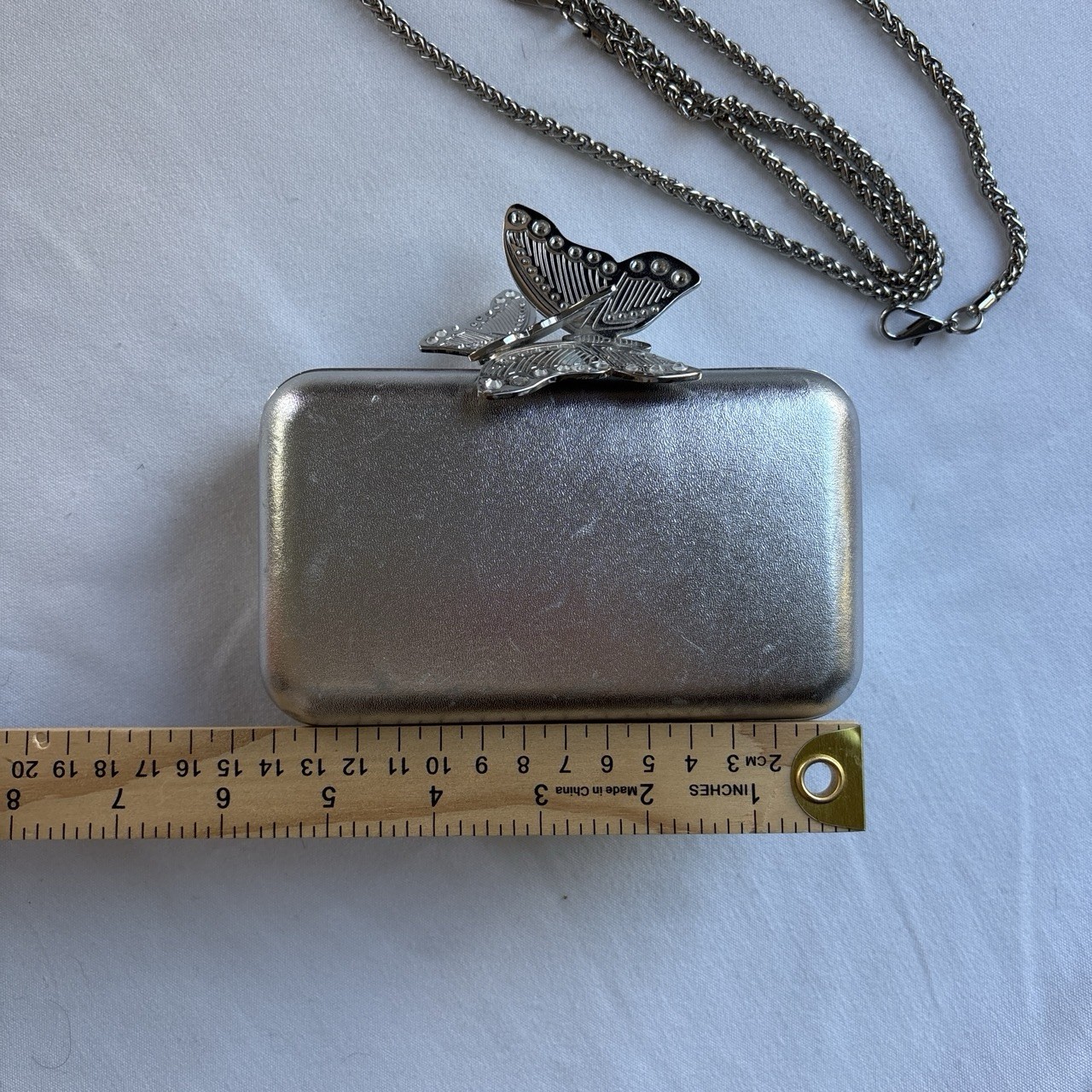 Karen Millen Silver Metallic Clutch Butterfly Clasp Chain Strap