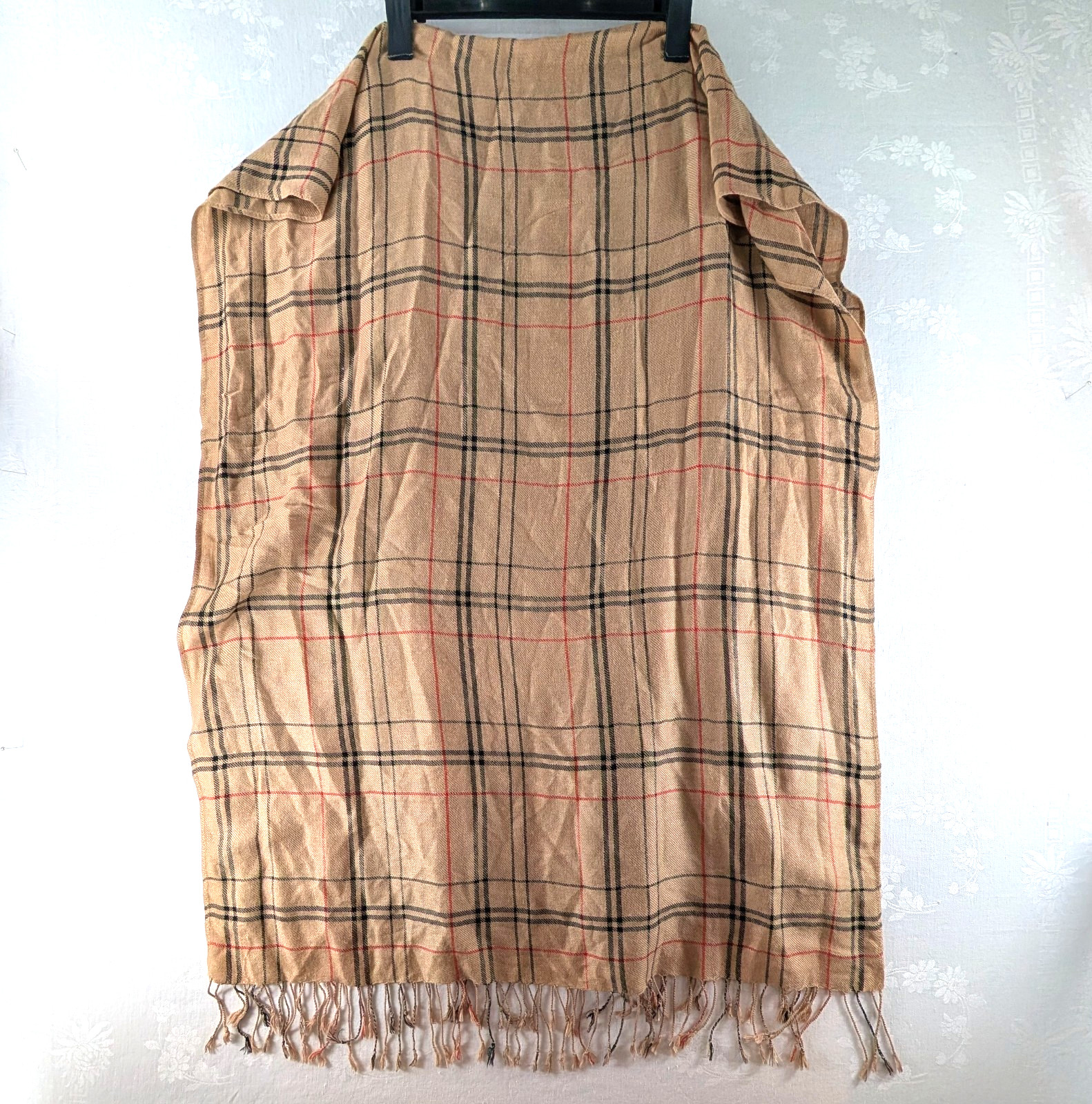 Cashmere Silk Plaid Scarf Wrap Fringe Tan Beige Black Red Oblong 76 x 28 in