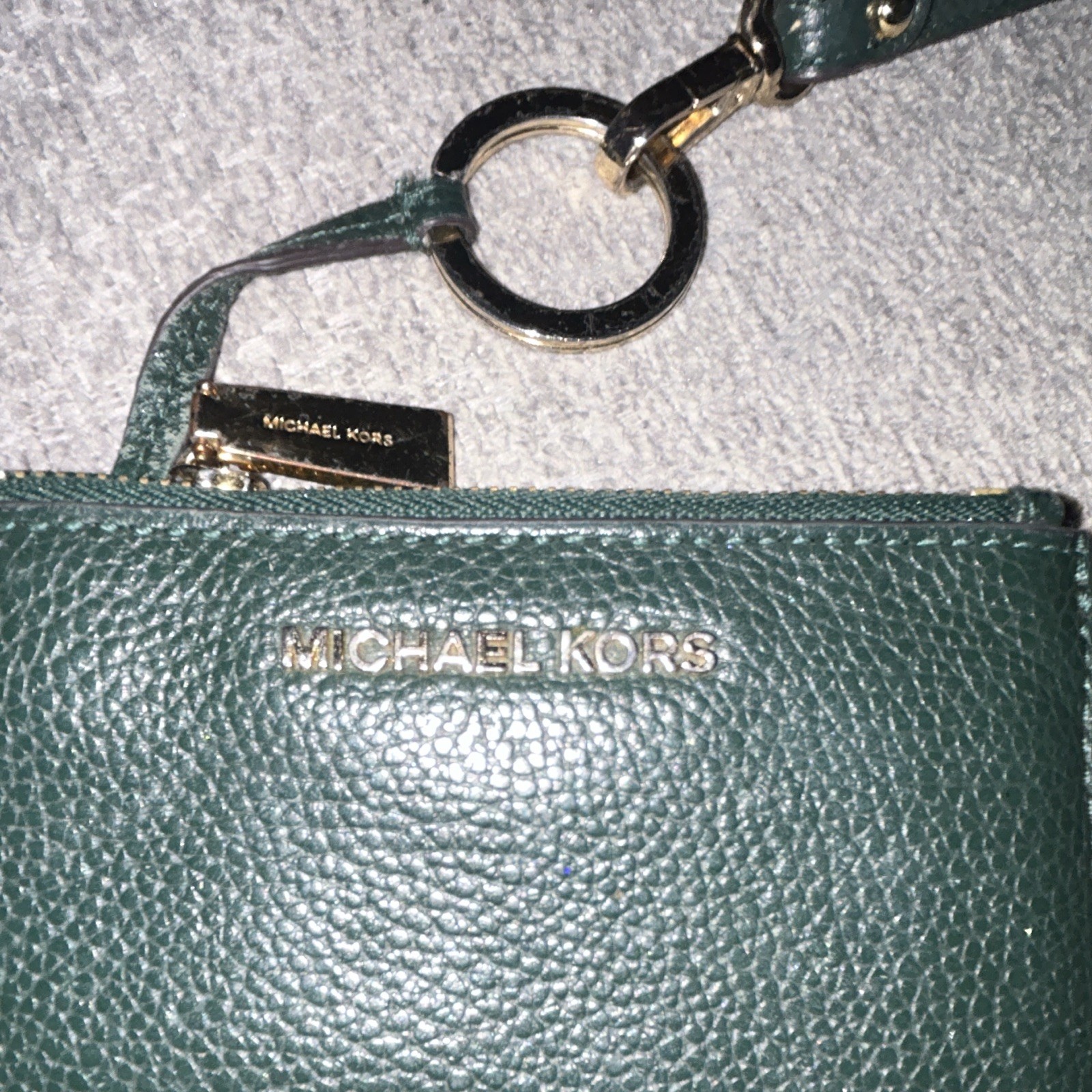 Michael Kors Green Pebbled Zip Wristlet w/ Logo, Key Clip, Gold Hardware