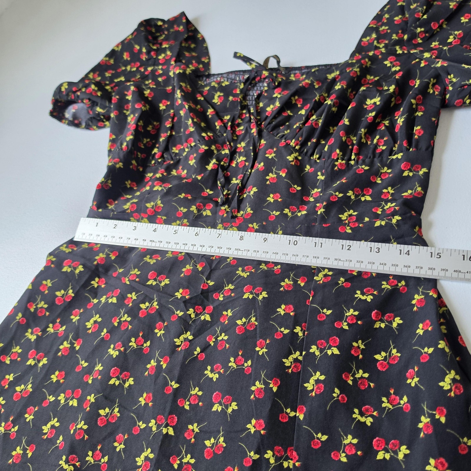 Whimsigoth Dark Romantic Dress Womens Large Black Floral Sweetheart Puff Sleeve