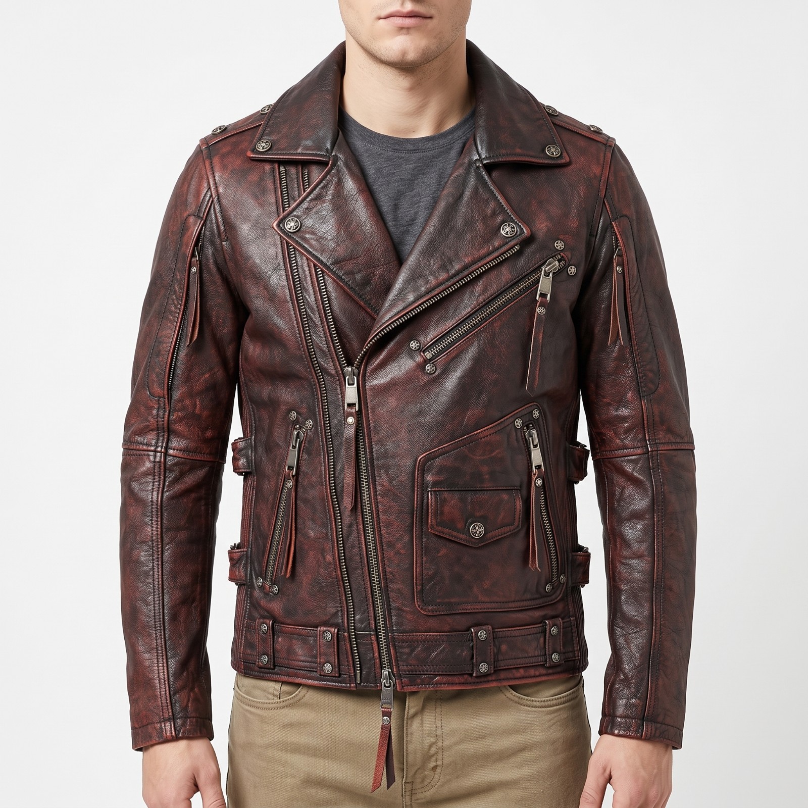 Mens Rugged Rebel Style Brown Leather Jacket- Vintage Punk Rock Motorcycle Outer