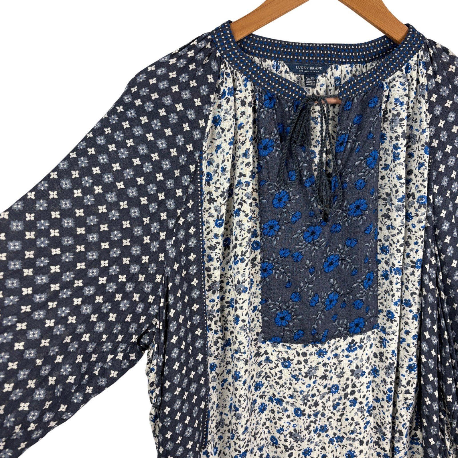 Lucky Brand Women Floral Patchwork Long Sleeve Peasant Blouse XL Hippie Boho 70s