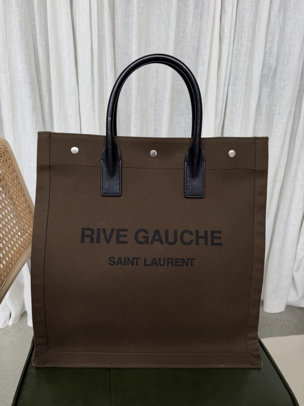 Saint Laurent Rive Gauche Tote Black/Khaki Canvas/Leather