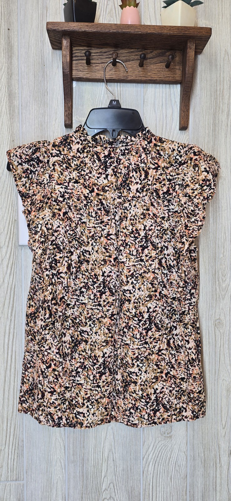 LOFT Petite SP Abstract Print Round Neck Cap Sleeve Pullover Blouse Beige