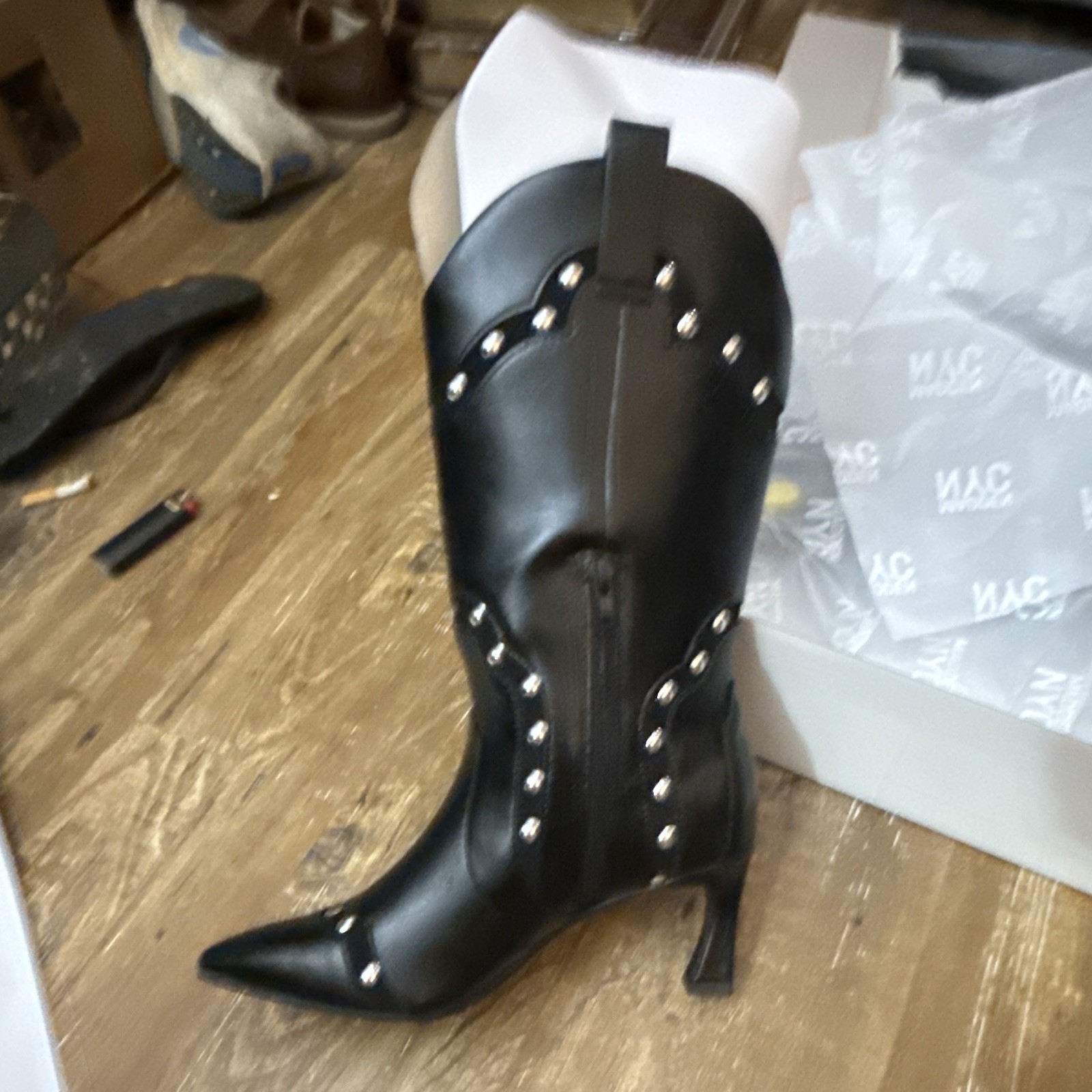 Karl Lagerfeld Mavie Kit West Knee High Western Boot Black Studded Zip 7