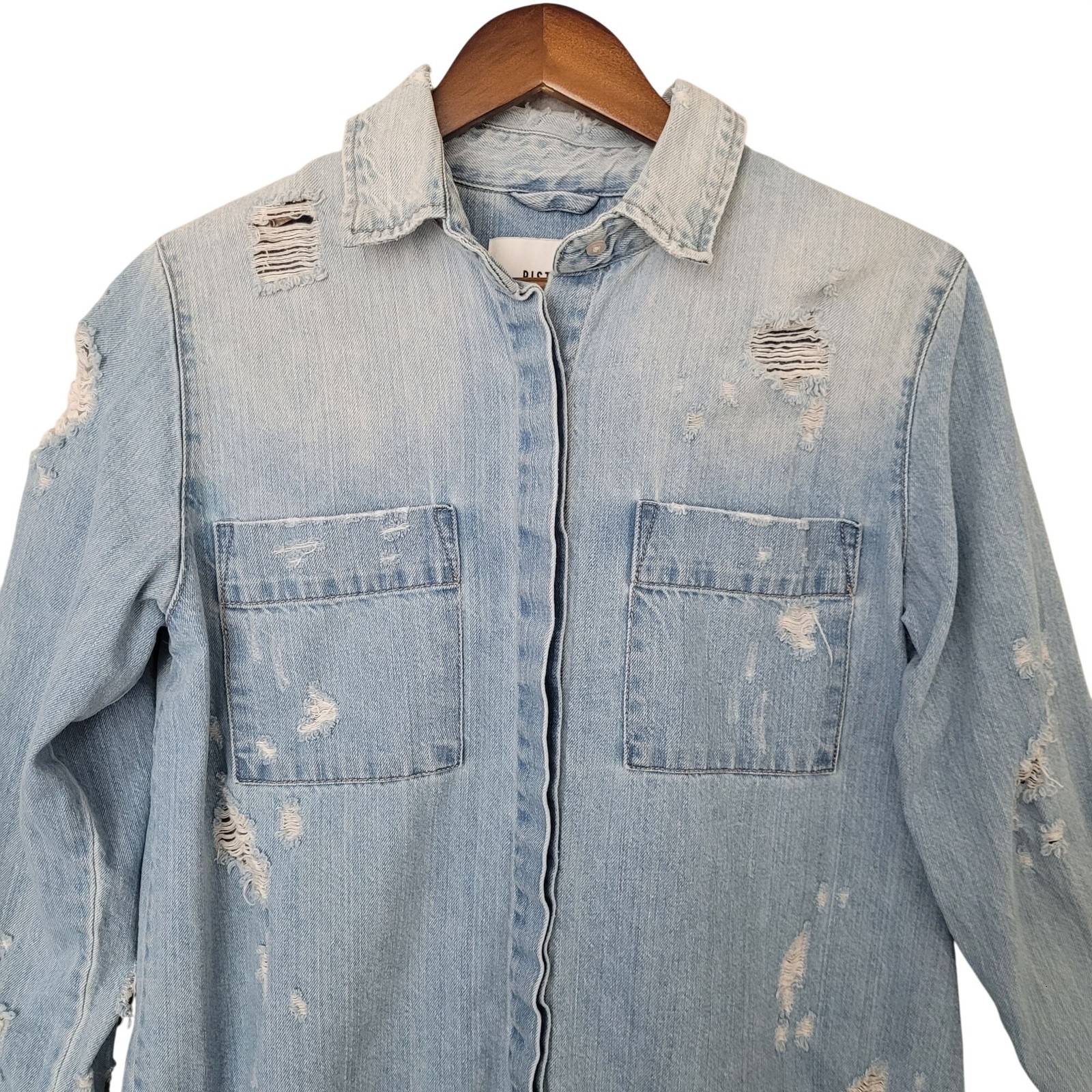 Pistola Distressed Button-Down Denim Shirt Size XS Blue Frayed Hem NWOT