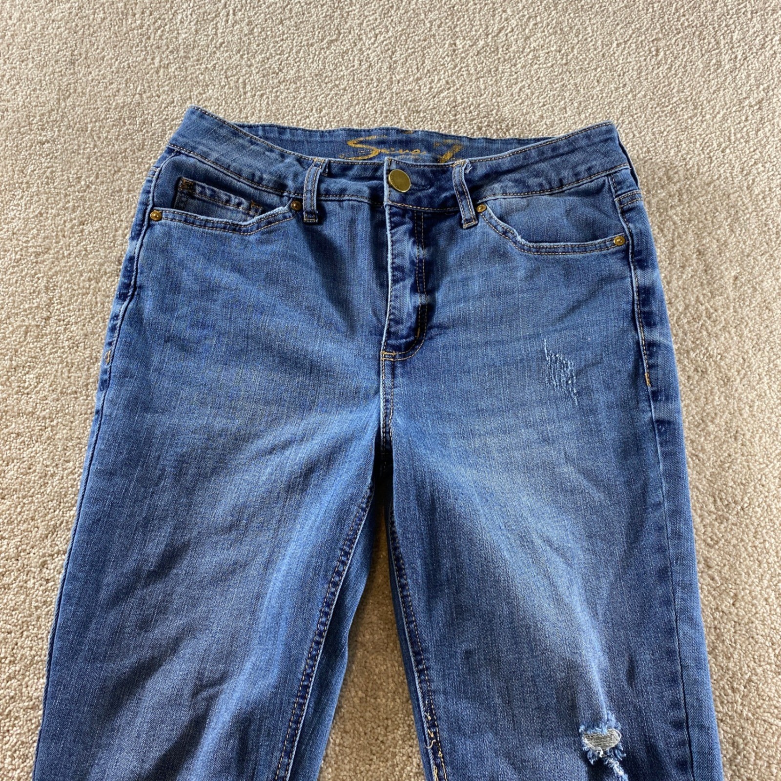 Seven7 Slim Straight Jeans Womens 8 Blue Excellent Distressed High Rise Raw Hem