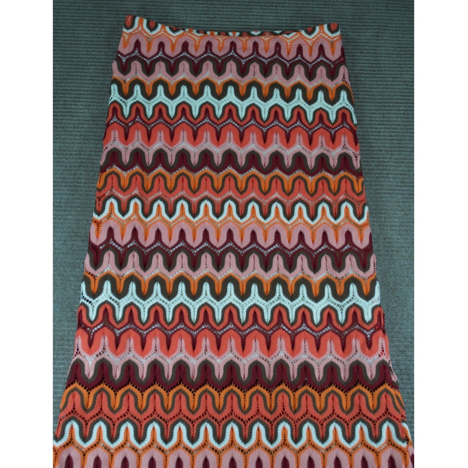 Karen Kane Crochet Knit Chevron Maxi Skirt Boho Pink Orange Zig Zag Lined Size S