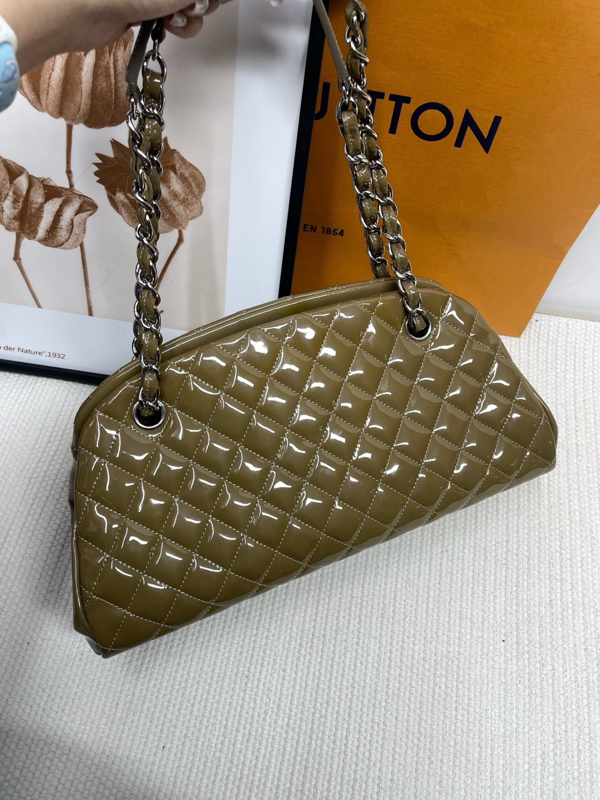 Authentic Chanel Mademoiselle Khaki Patent Quilted Leather Bowling Shoulder