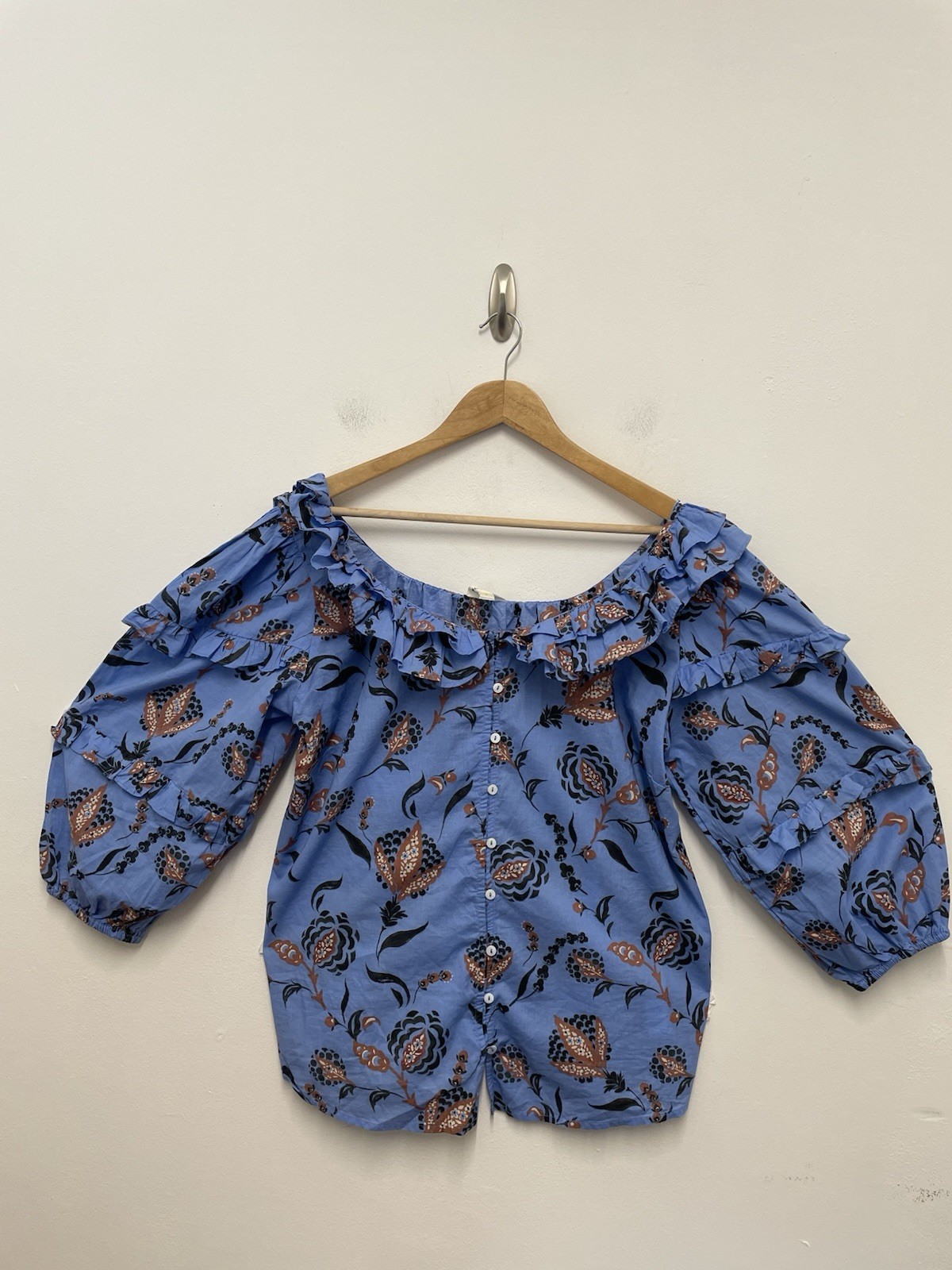 Monsoon Clara Floral Frill Blouse Size Large Sky Blue 100% Cotton Blouson Sleeve