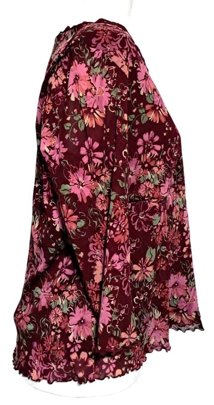 Y2K Axcess Floral Top Womens XL Fairy Grunge Burgundy Blouse 3/4 Sleeve V-Neck L
