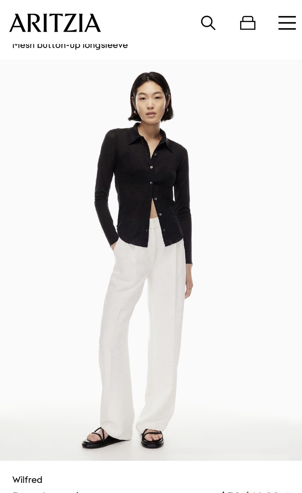 Wilfred Black Mesh Button-Up Top Long Sleeve Collared Lightweight Womens XS