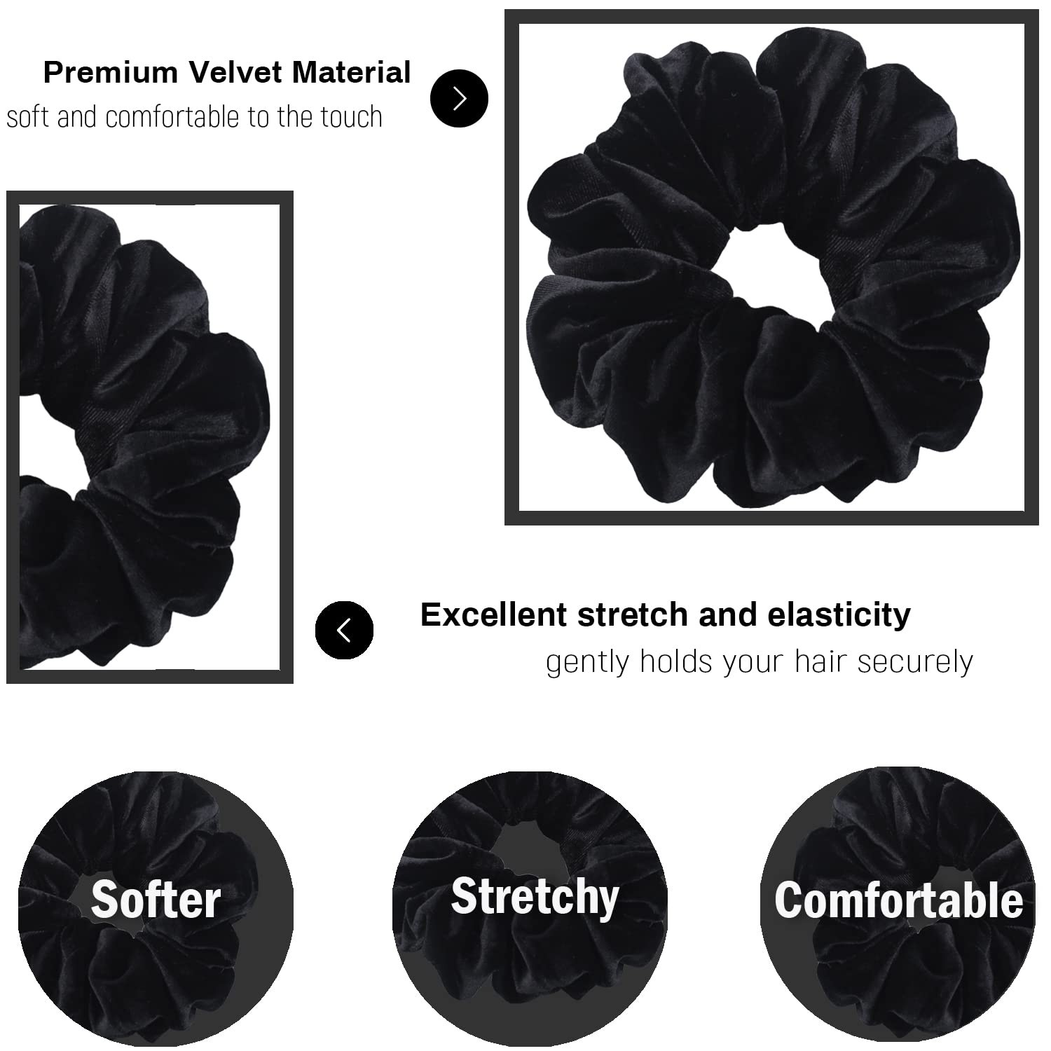4 PCS Black Extra Large Velvet Scrunchies 6 Inch Jumbo Soft Elastic Hair Tie