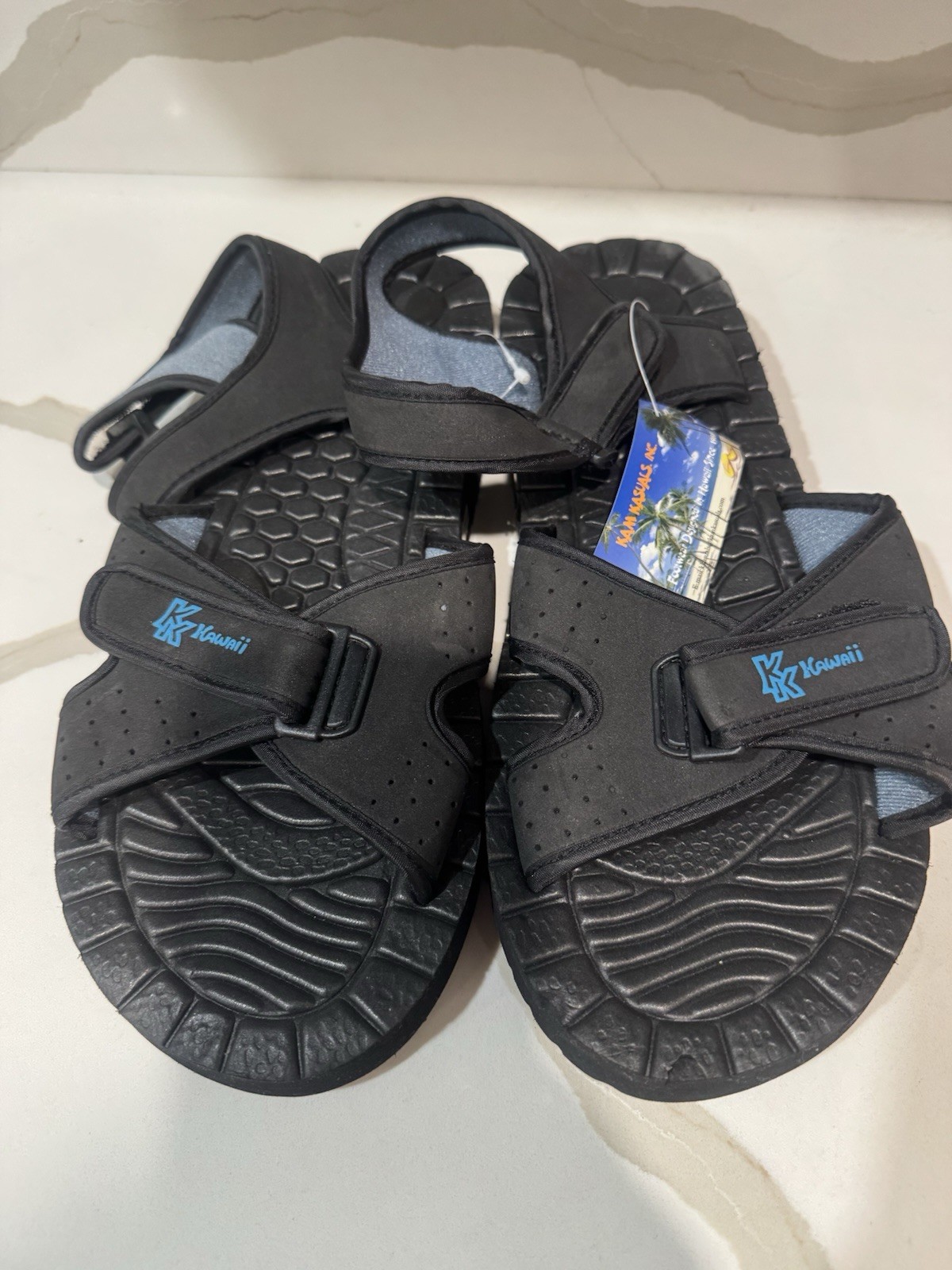 Kawaii Black sport sandals adjustable hook-and-loop straps Textured footbeds L