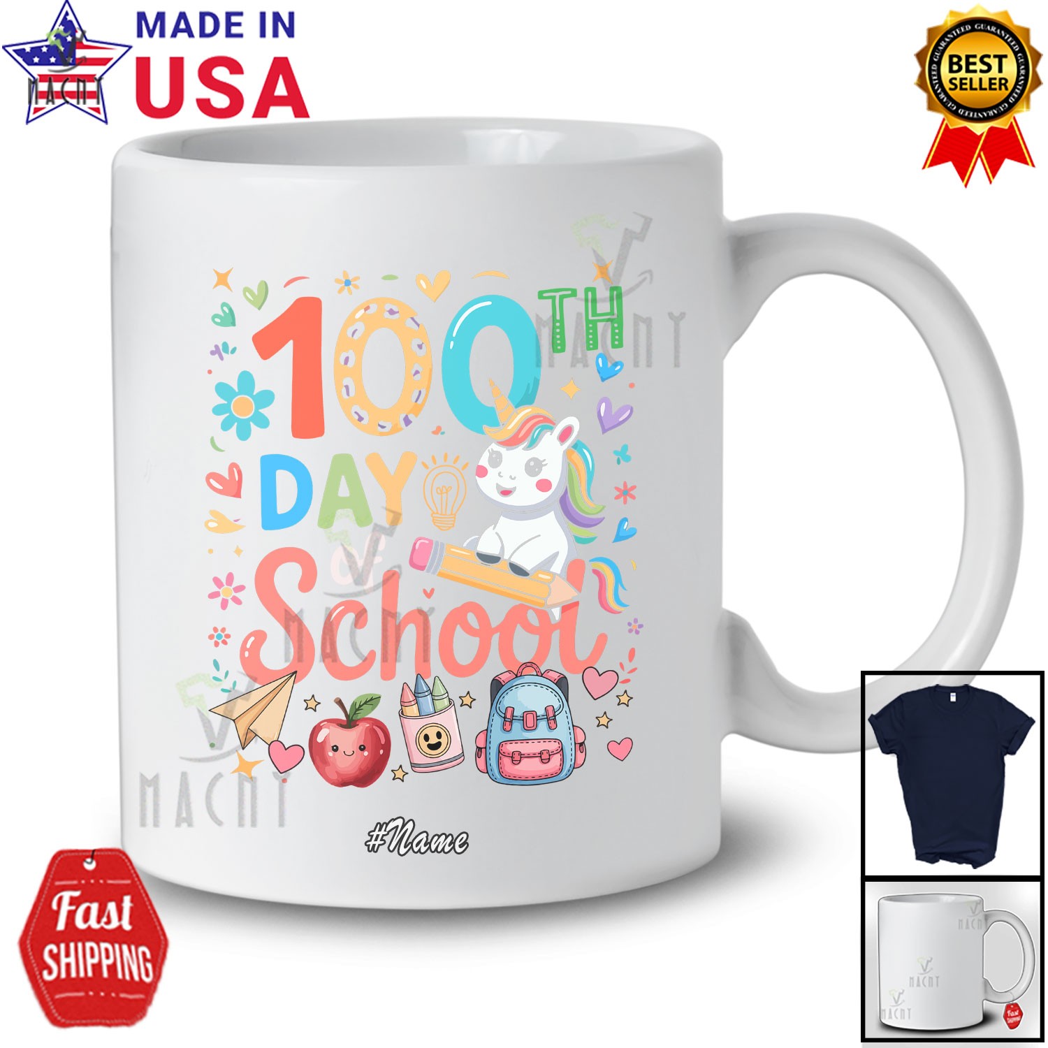 Custom Name 100th Day Of School; Adorable Unicorn Pencil; Teacher Students Shirt