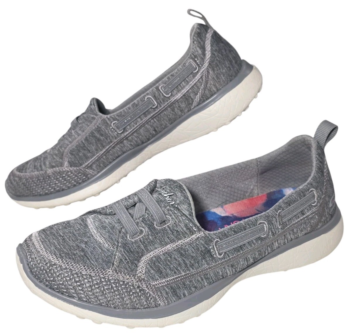 Skechers SlipOn Loafer Sneakers Womens Sz 5 Microburst Topnotch Gray White 23317