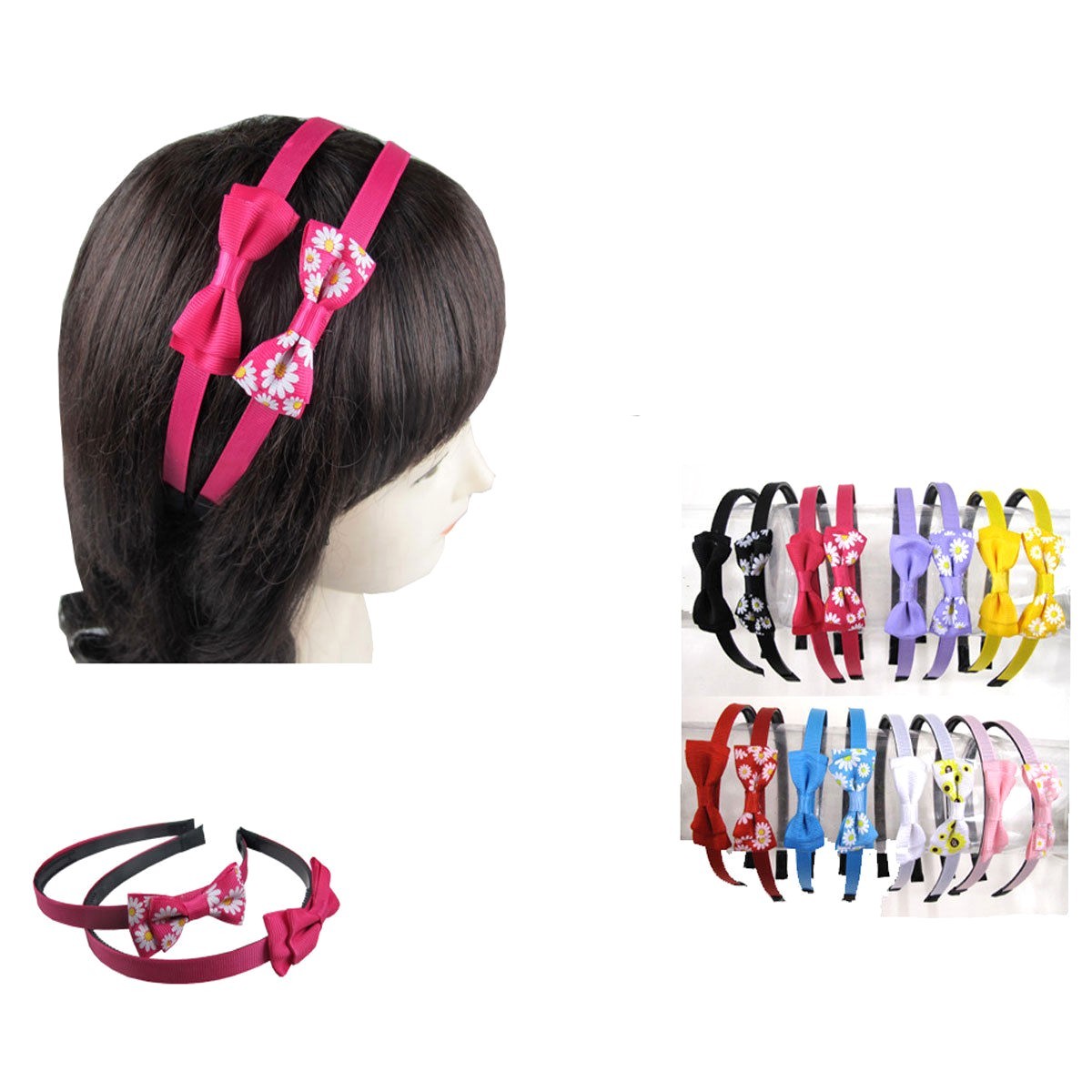 12pc Girl Flower Solid Bowknot Ribbon Headband Hair Bow Head Band Clip Women Lot