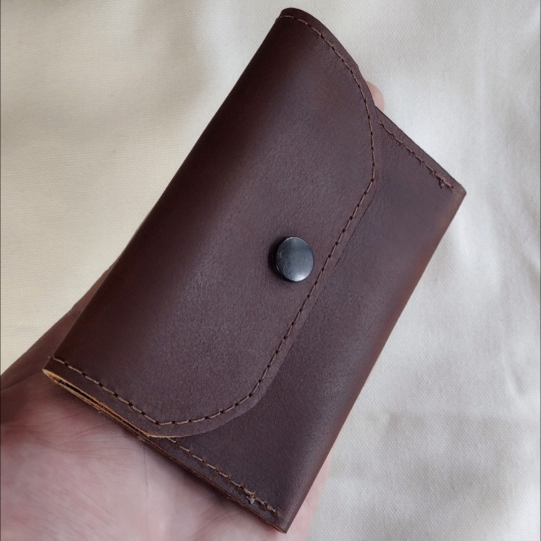 handmade real leather snap button pouch for coins card cash brown