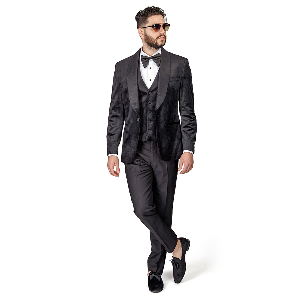 BLACK Shawl Lapel VELVET 3Piece Vested Slim Fit Tuxedo 1Button Black Pants AZAR