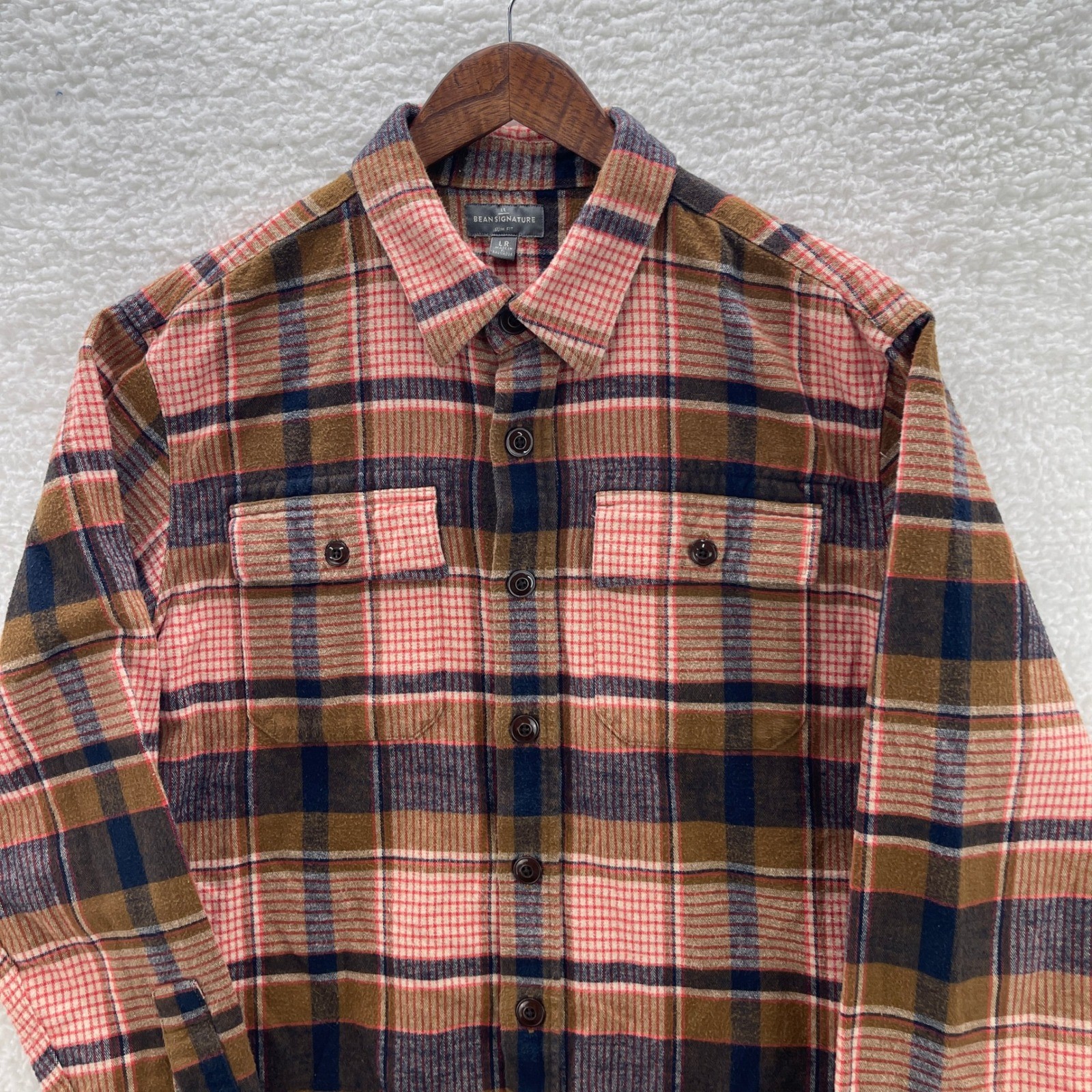 LL Bean Signature Shirt Mens Large Slim Brown Red Chamois Plaid Outdoor Heritage