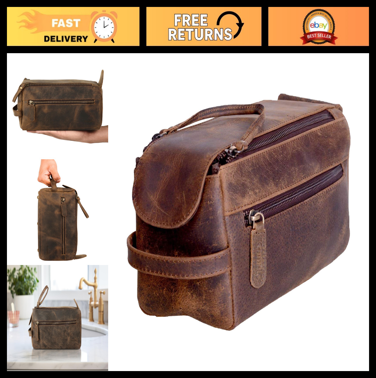 Premium Buffalo Leather Toiletry Bag – Water-Resistant Grooming Pouch, Unisex Tr