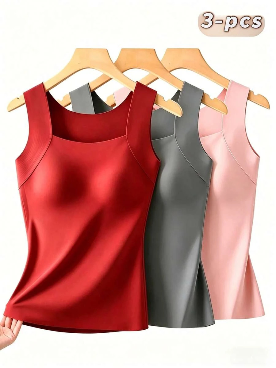 3pc Women’s Seamless Tank Top Built-In Bra Slim-Fit Washable