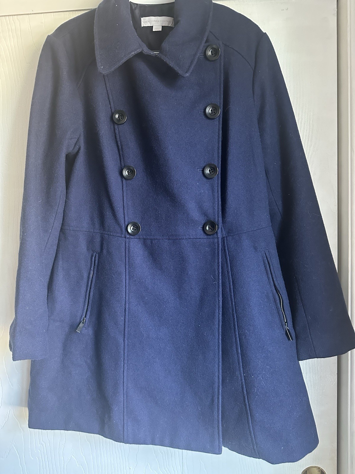 New York & Company Women’s Blue Double-Breasted Wool Blend Pea Coat Lined L
