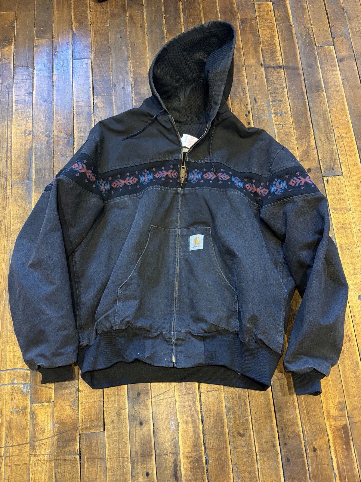 Vintage 90s Carhartt Southwest Aztec Hooded Jacket JR0005 Black Grey Quilted 2XL