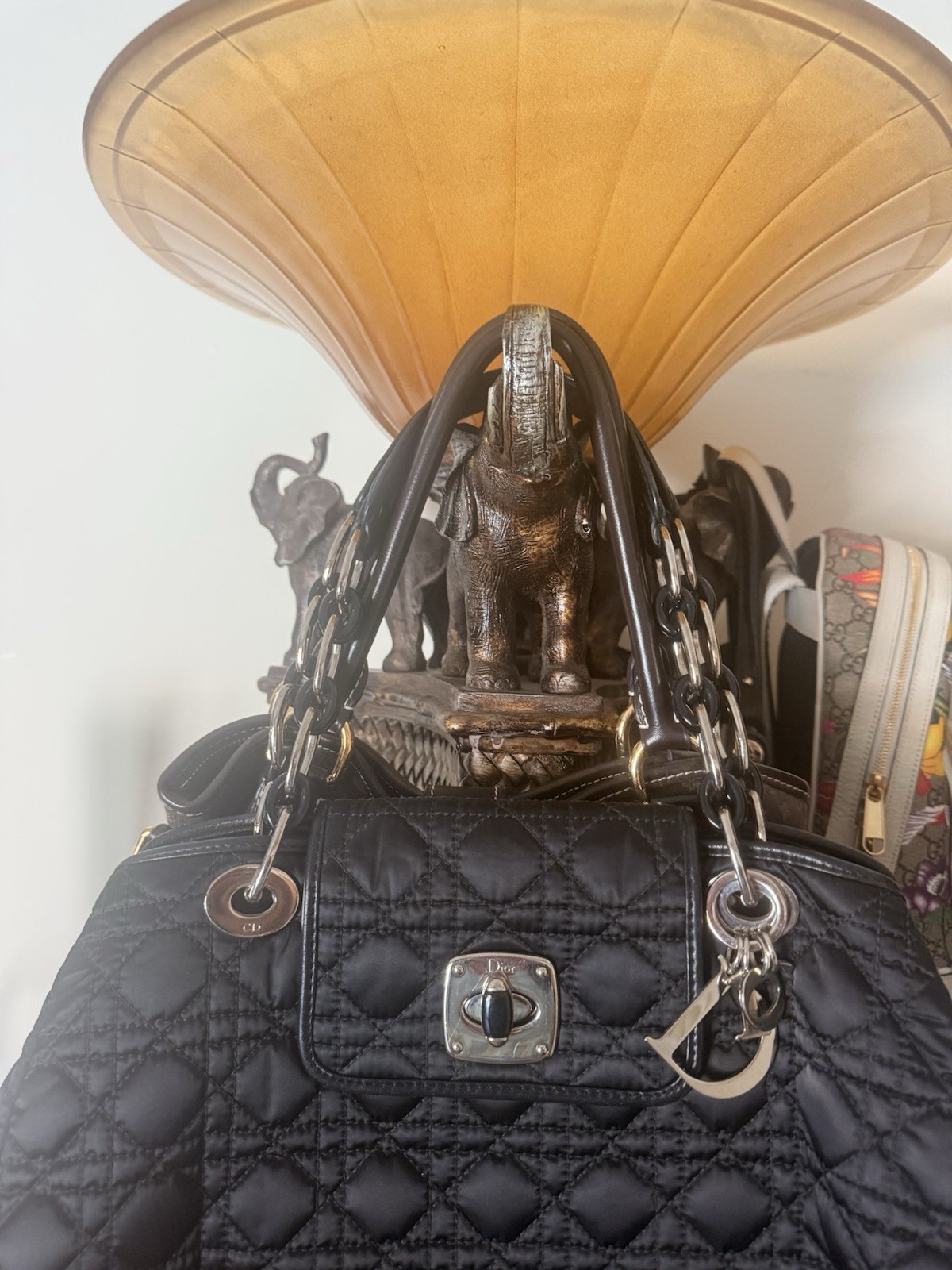 Christian Dior Black Quilted Shoulder Bag Turn Lock Zip Silver Hardware Medium