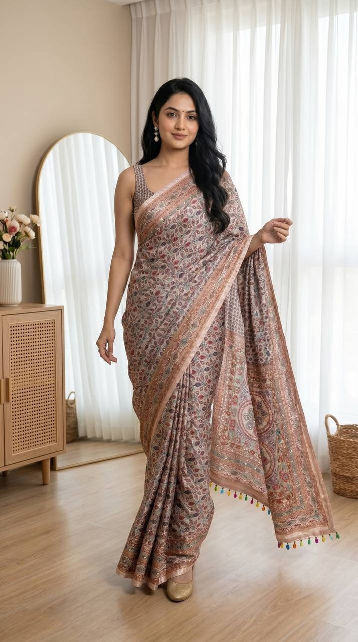 Roman Silk Saree Position Print real Mirror Work Piping Border Pallu latkan