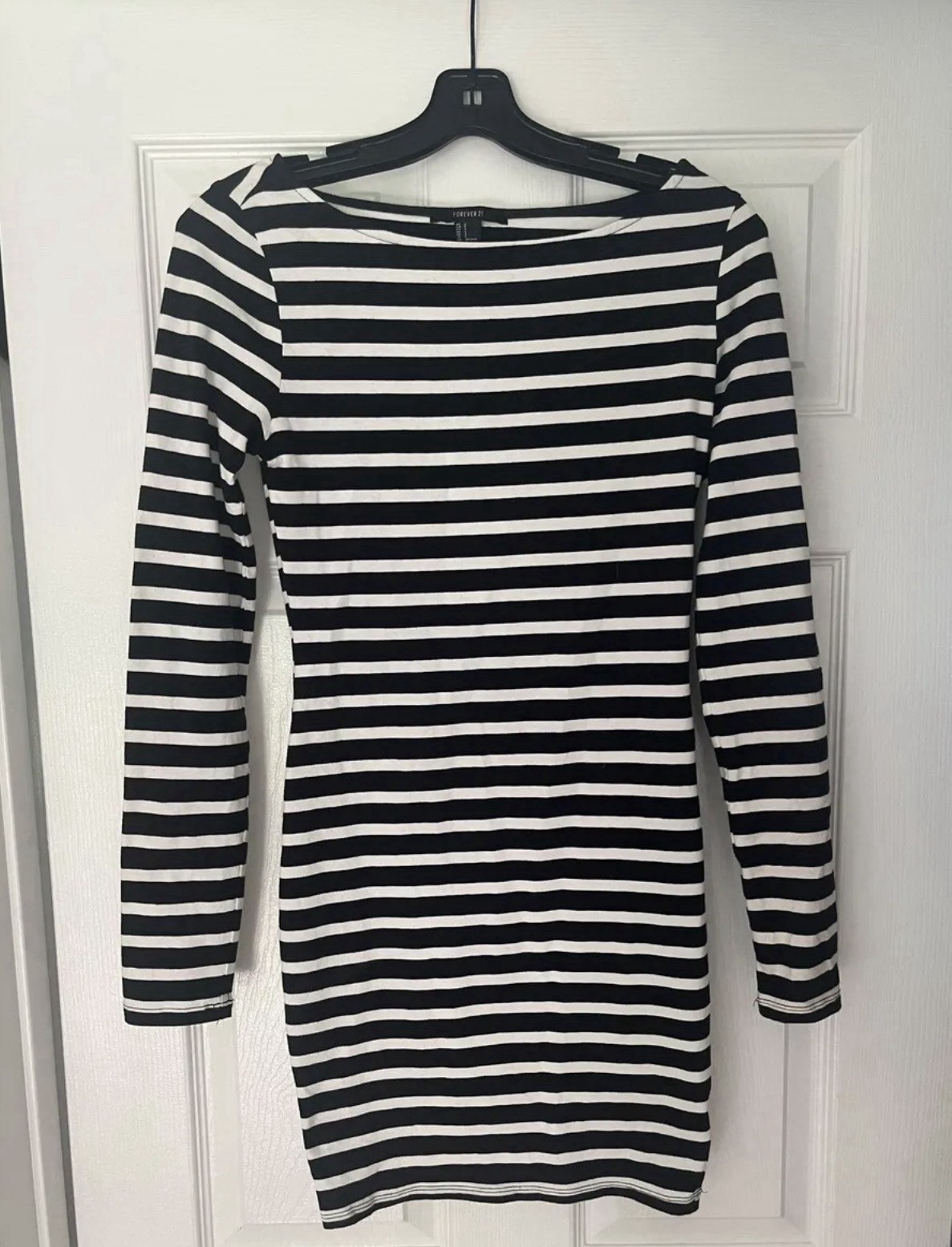 Forever 21 Black White Striped Boat Neck Long Sleeve Bodycon Short Dress S