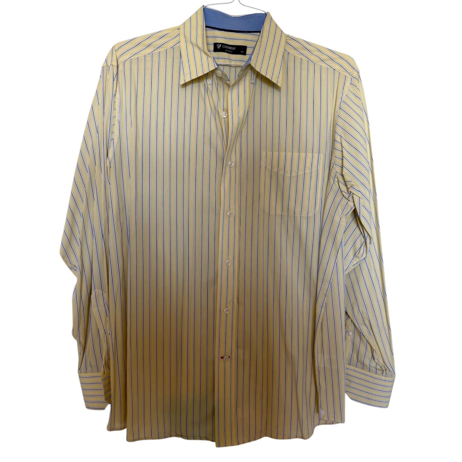 Cremieux Classics Mens Large L Yellow Striped Dress Shirt Long Sleeve Blue Cuff