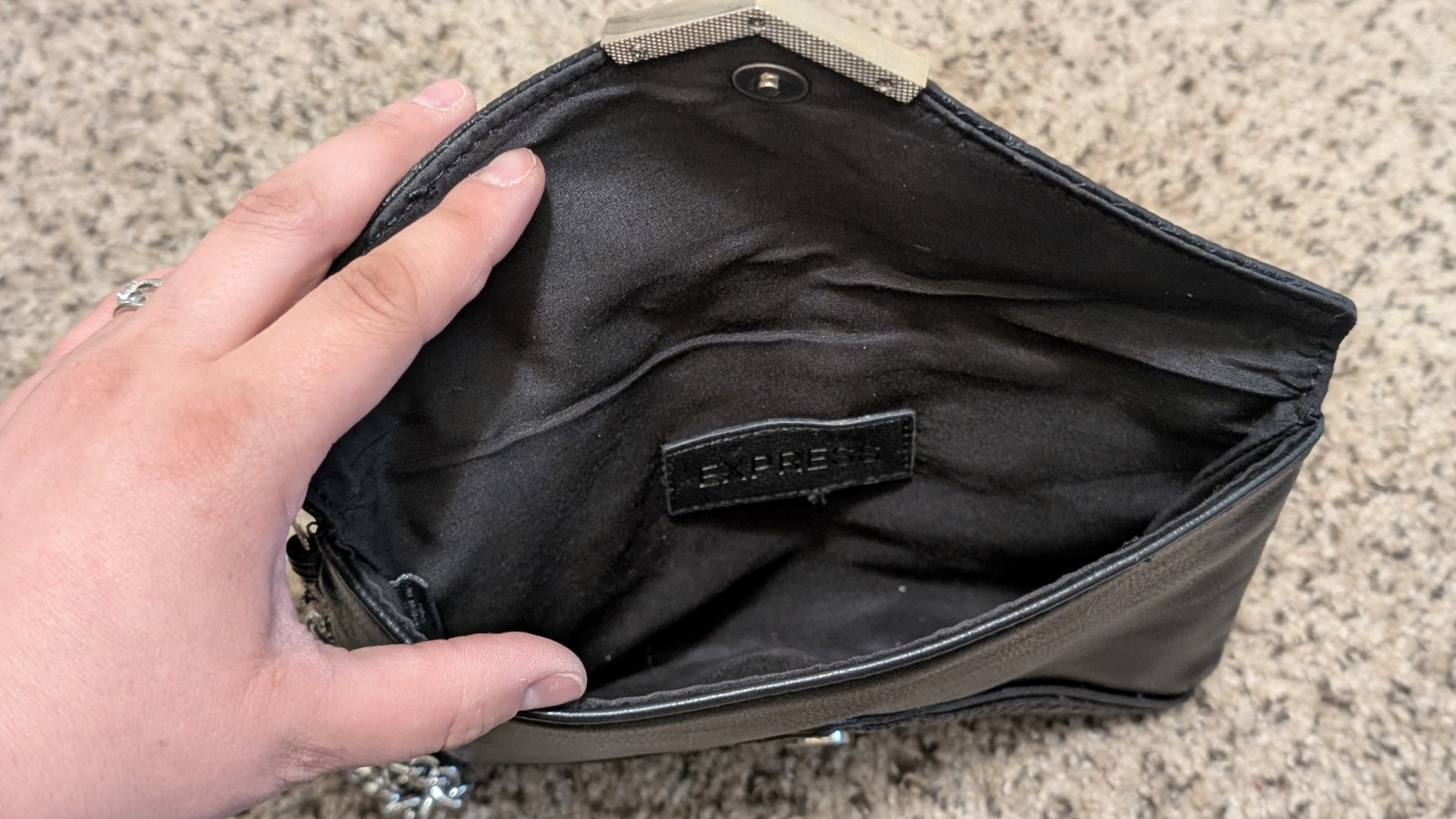 Express Black Envelope Clutch Silver Chain Strap Magnetic Closure Lined