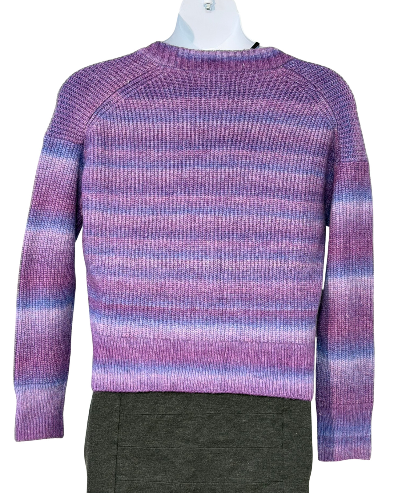 Loft Sz M V-Neck Cardigan Button Front Purple Ombre Stripe Rib Knit Wool Blend
