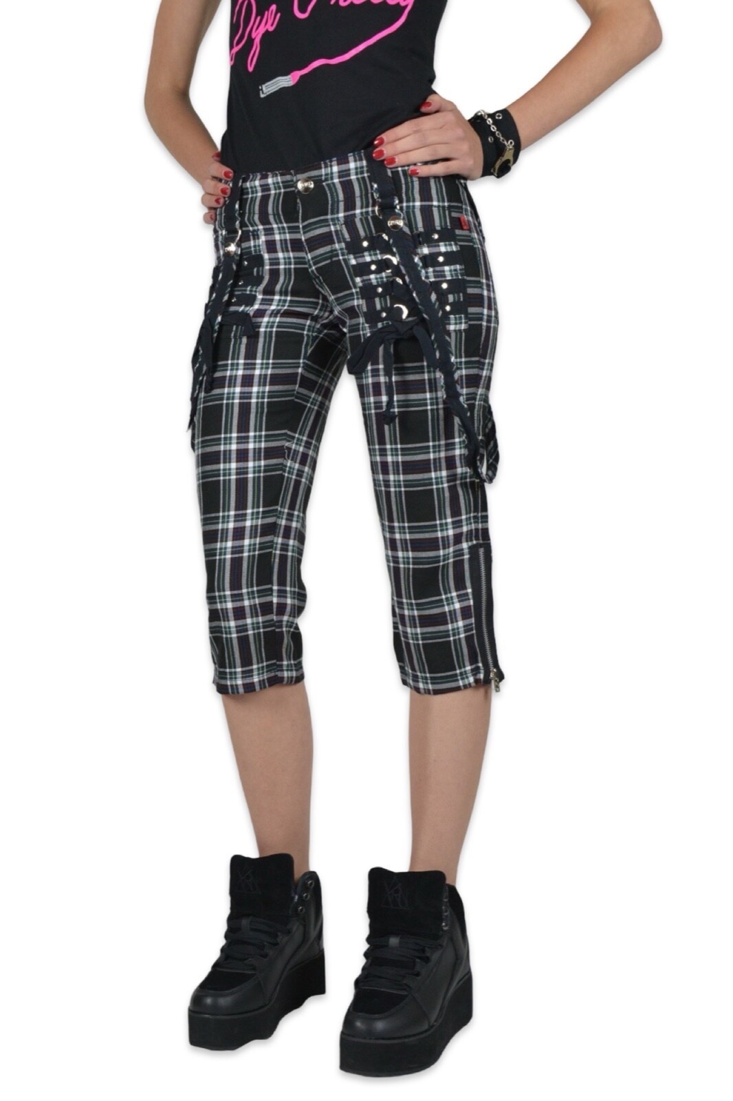 Tripp Punk Rocker Goth Skate Grunge Biker Straps Plaid Capri Shorts Pants 0 XS
