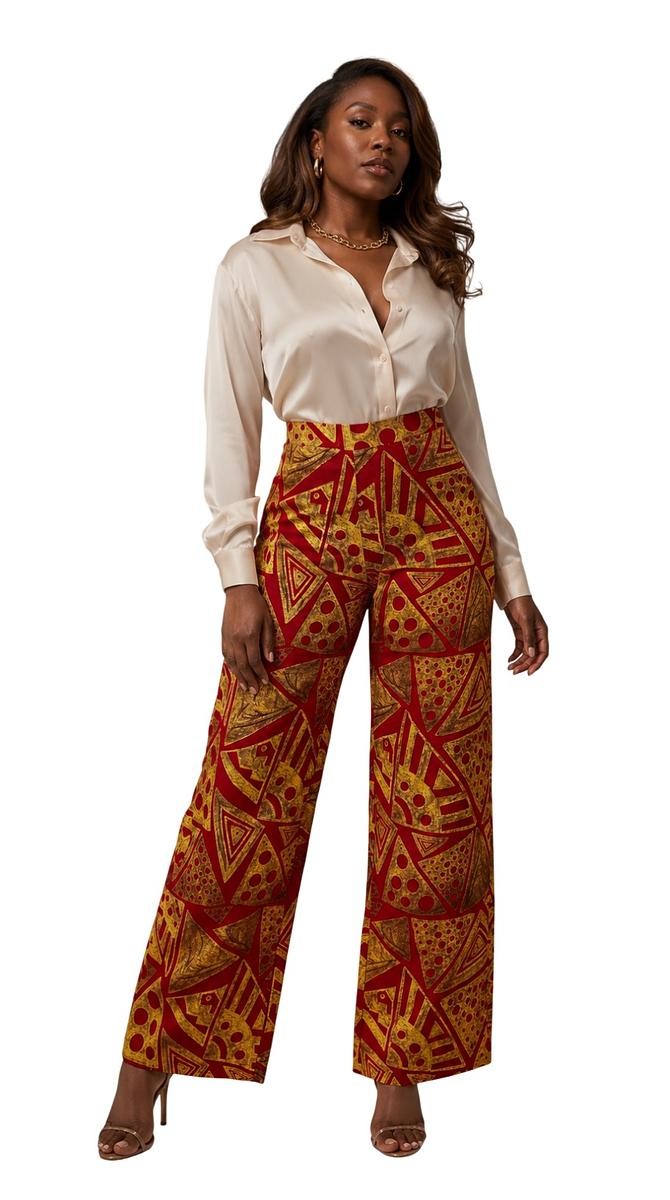 Red & Gold Geometric Wide-Leg Pants