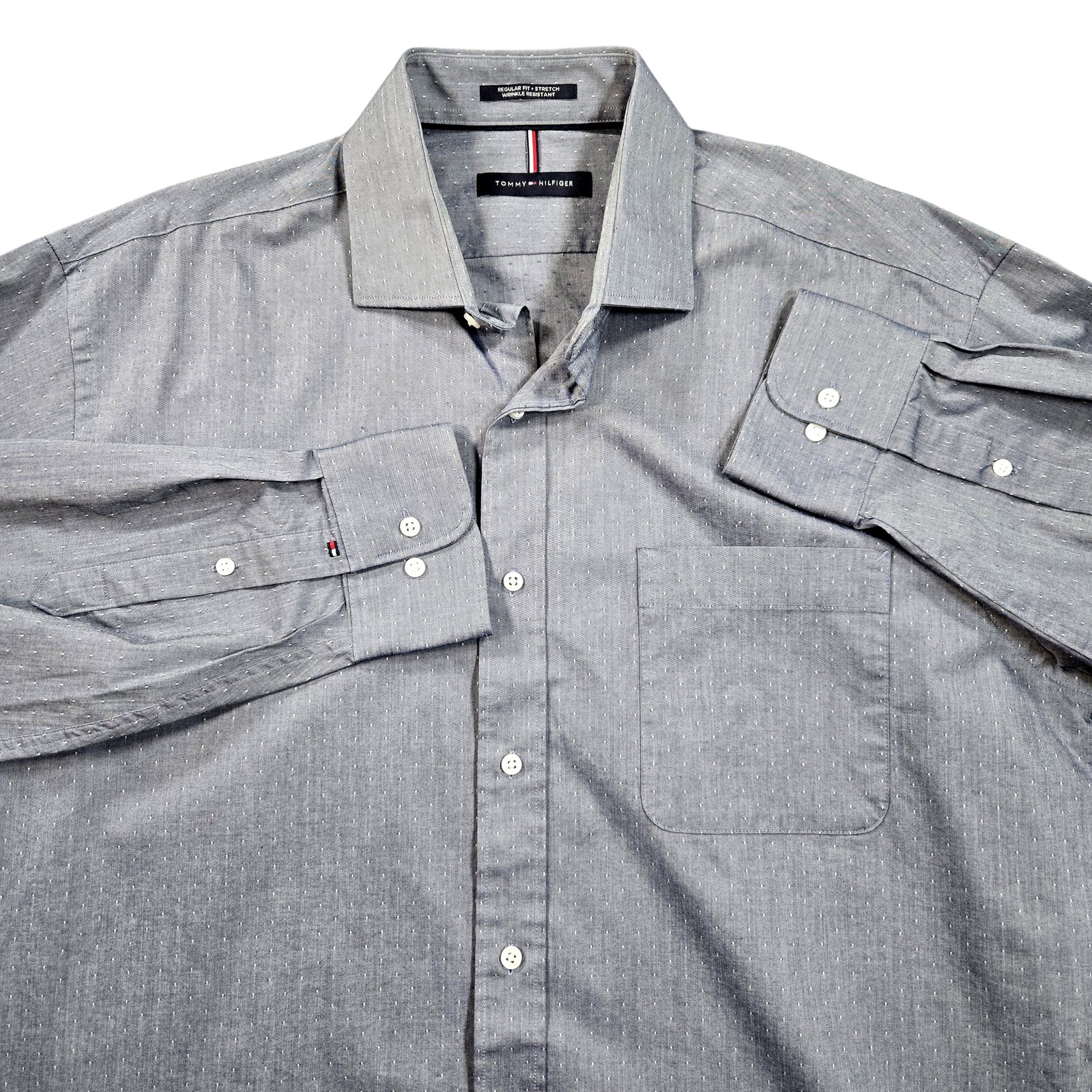 Tommy Hilfiger Dress Shirt Mens 16.5 34/35 Gray Polka Dot Regular Fit Stretch