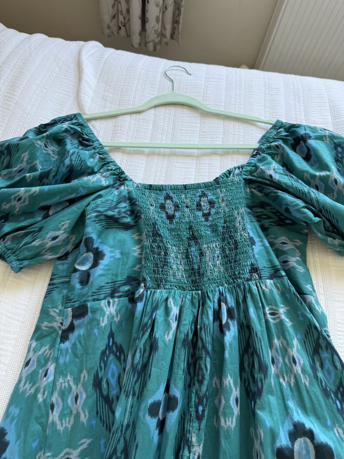 Marks & Spencer Teal Blue Green Puff Sleeve Midi Dress Size 14 Cotton Tiered