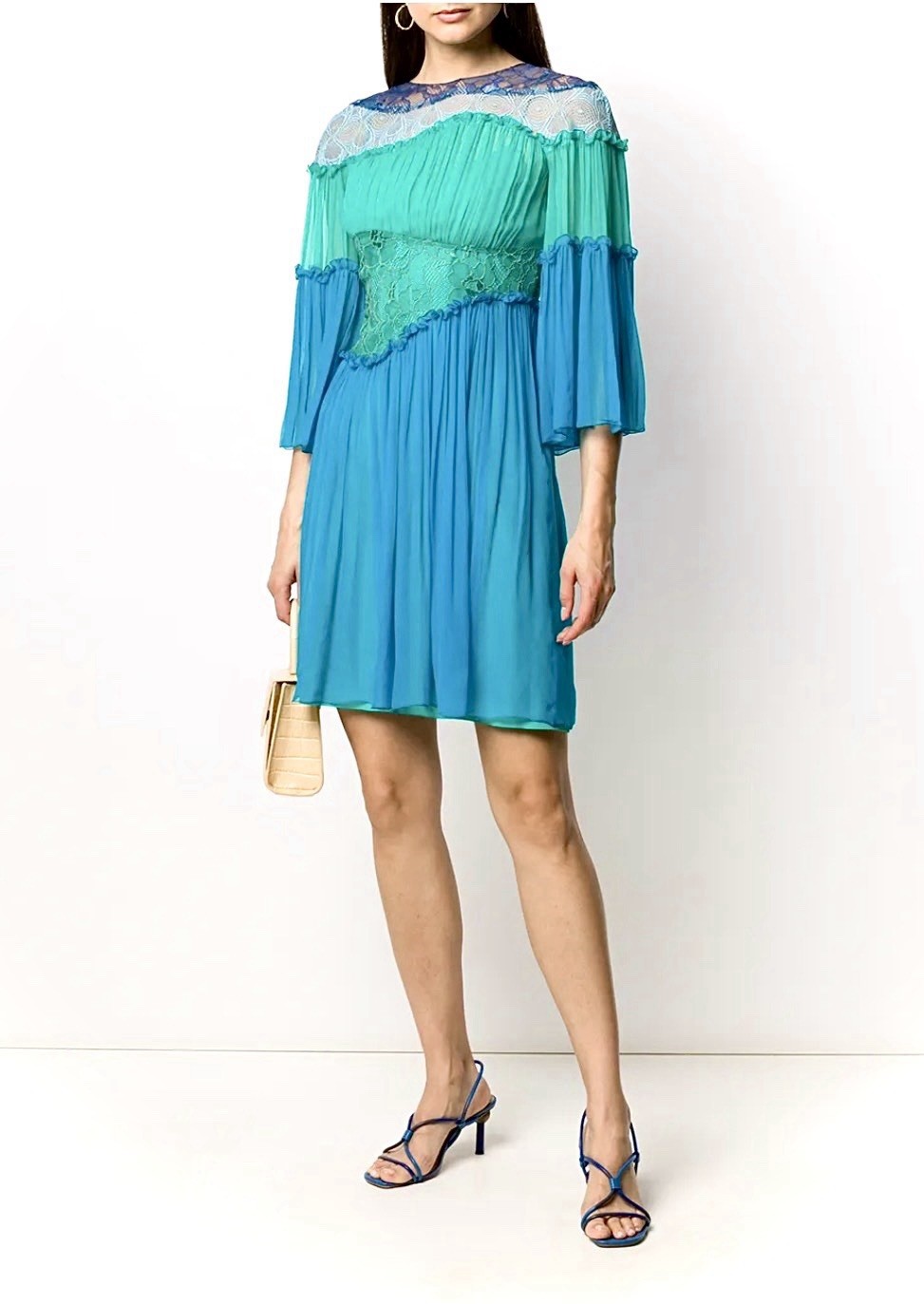 DESIGNER ALBERTA FERRETTI SILK LACE BLUE-GREEN OCCASION DRESS, IT-42,UK-10