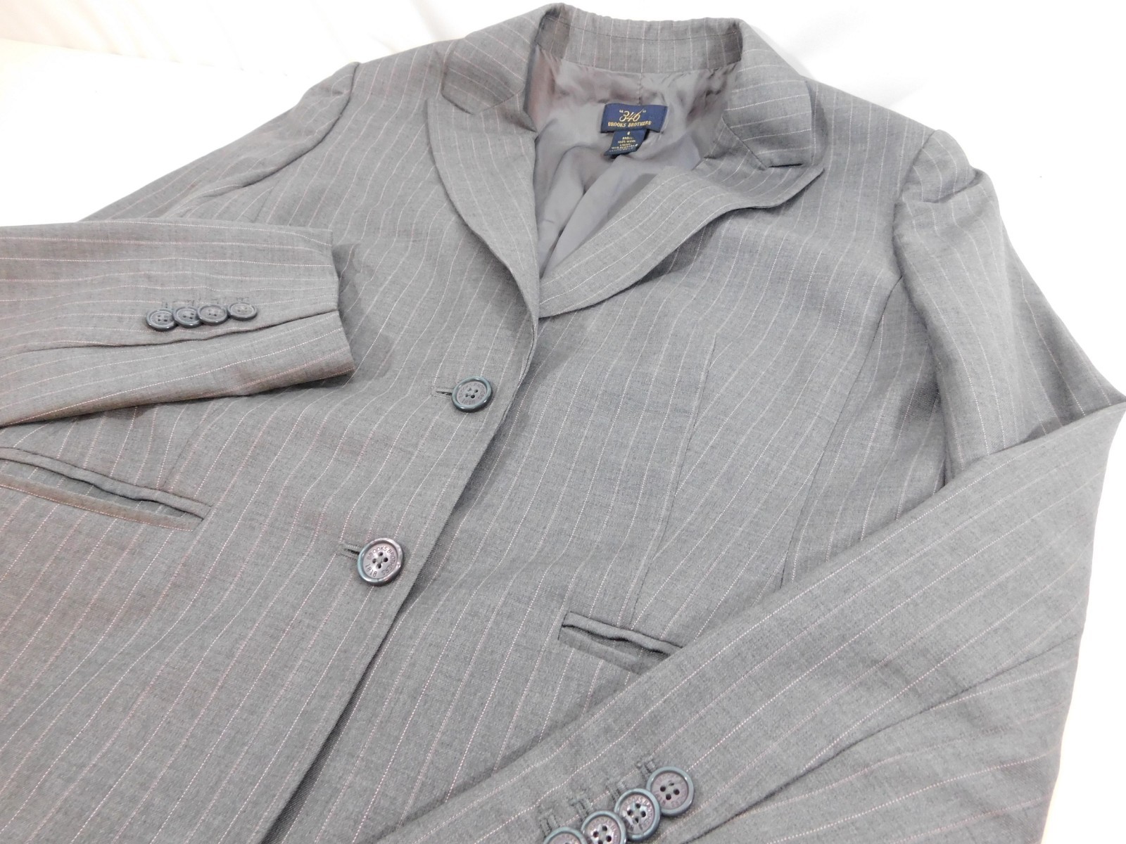 Brooks Brothers “346” Women’s Gray Pinstriped Wool Blazer Bemberg Cupro Lining 6