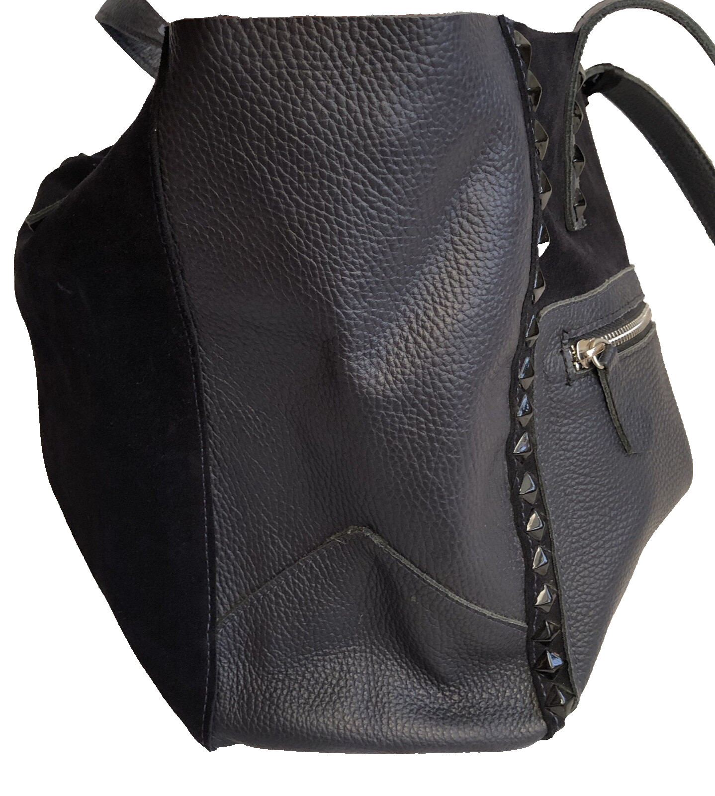 Laggo Miley Navy SDE Suede Leather Tote Bag Pyramid Studs 18.5 x 11.5 x 5 inches