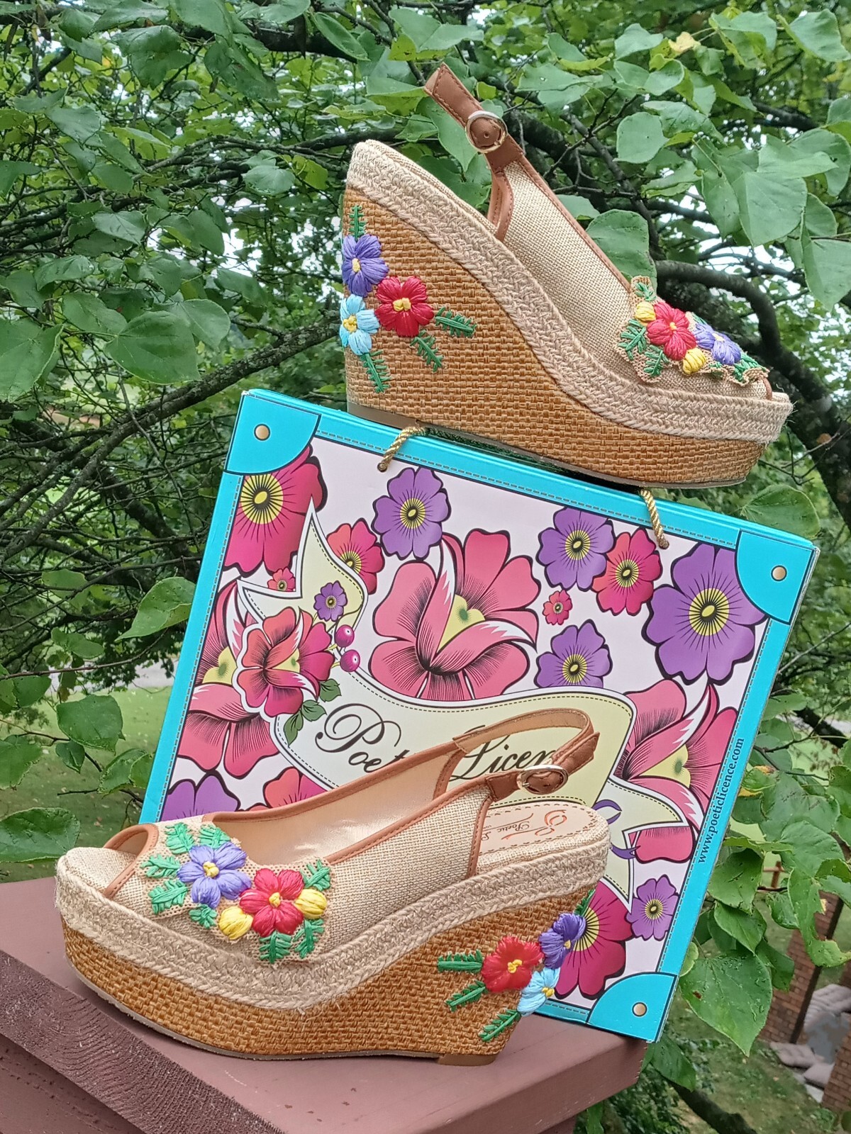 Poetic Licence 8.5 Sandals Natural Petal Pusher Floral Fabric Leather Wedge Shoe