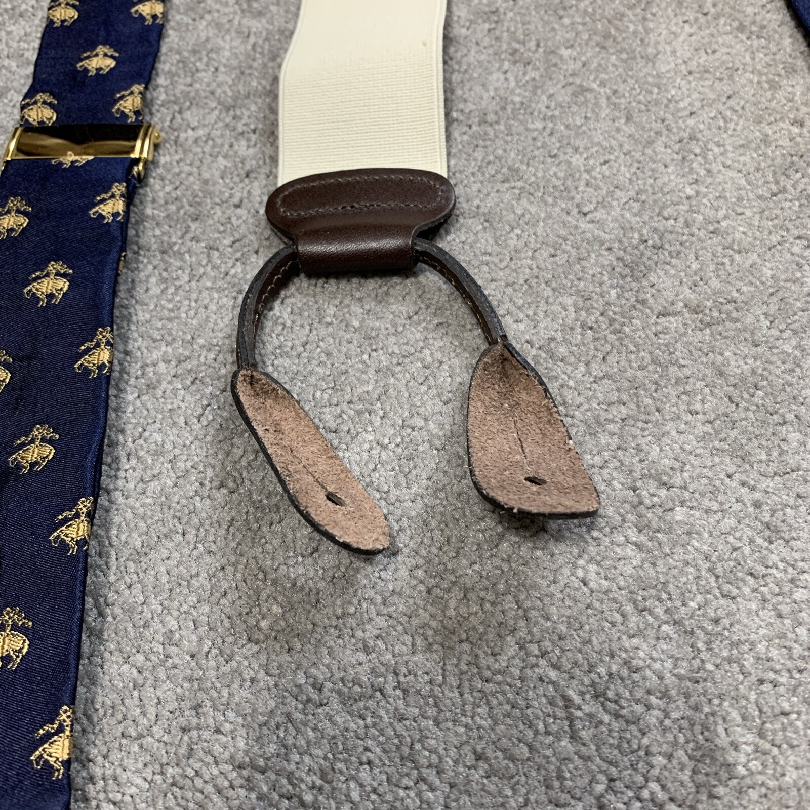 Brooks Brothers Silk Suspenders Navy Blue with Golden Fleece Sheep Silk Leather