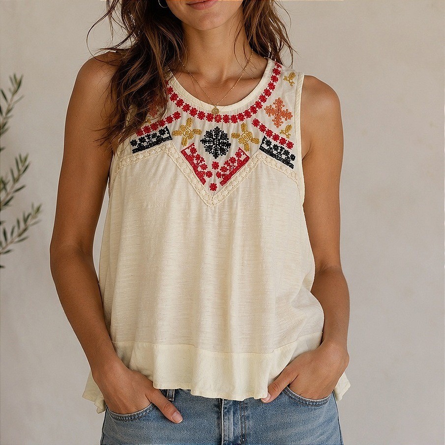 Coco + Jameson Embroidered Boho Womens Medium Ivory Top Festival