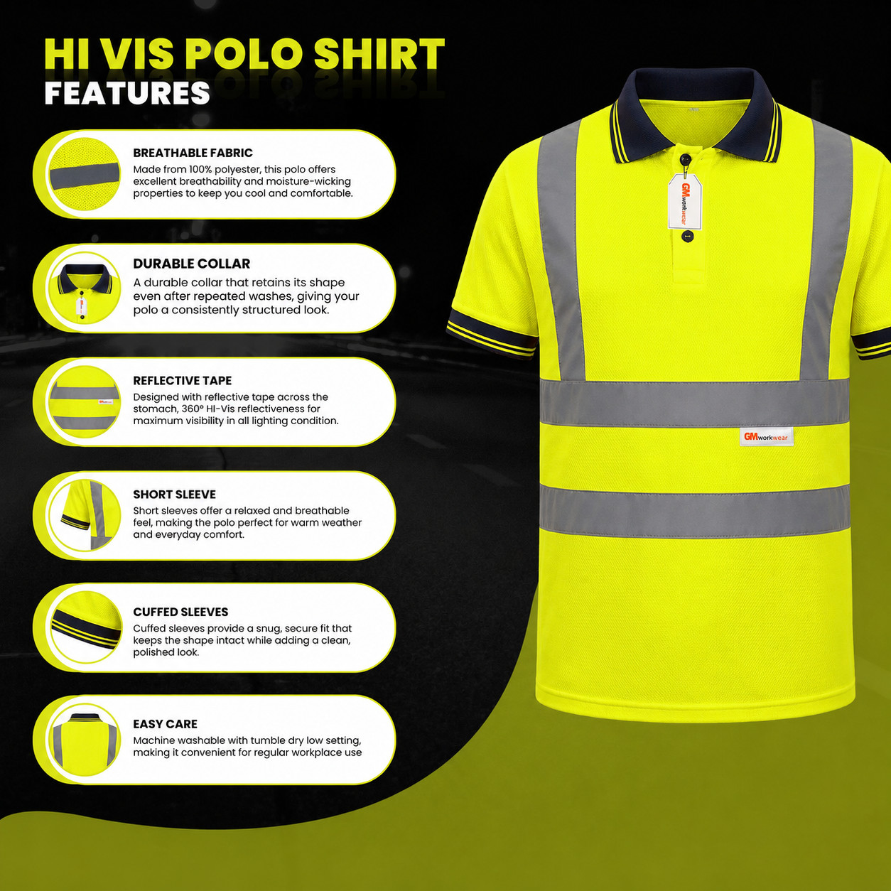 Safety Polo Shirt High Visibility Reflective Work Shirt Orange Yellow Black
