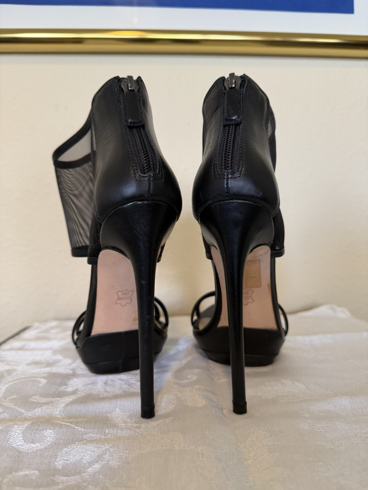 BCBGMaxAzria Black Leather Mesh Platform Heel Sandals 6.5M